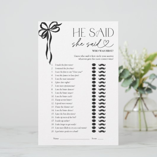 Er sagte, sie sagte Black Bow Brautparty Game (Stehend Vorderseite)