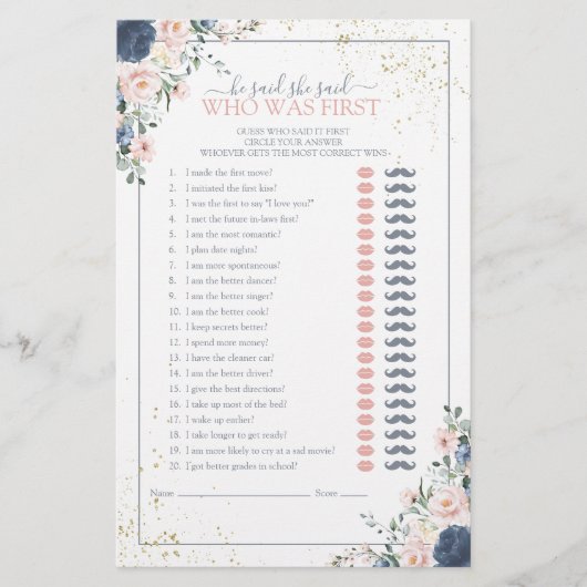 Er sagte, sie sagte Blue Blush Brautparty Game (Vorderseite)