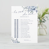 Er sagte, sie sagte Blue Brautparty Game Card Einladung (Stehend Vorderseite)