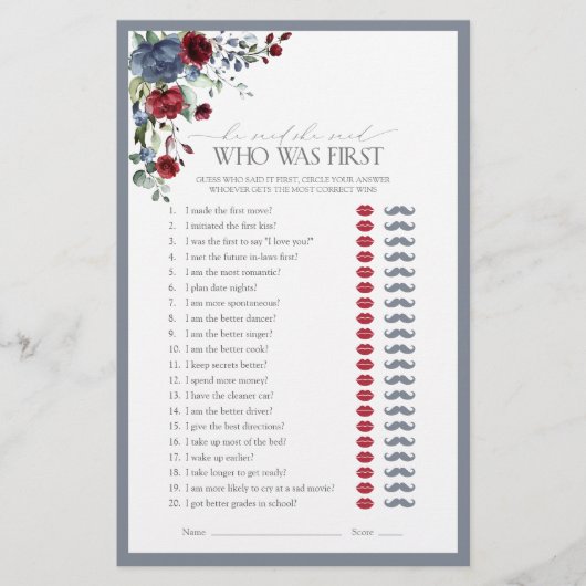 Er sagte, sie sagte Blue Burgundy Brautparty Game (Vorderseite)