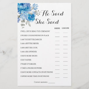 Er sagte, sie sagte Blue Couple Dusche Game Card Flyer