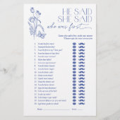Er sagte, sie sagte Blue Floral Brautparty Game (Vorderseite)