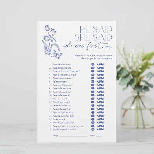 Er sagte, sie sagte Blue Floral Brautparty Game (Stehend Vorderseite)