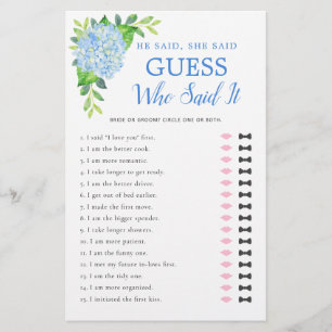 Er sagte, sie sagte Blue Hydrangea Brautparty Game