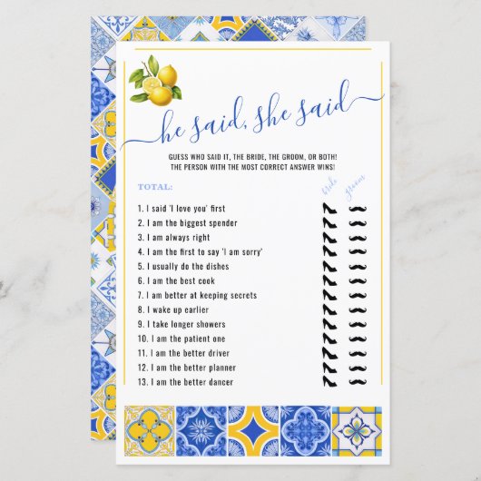 Er sagte, sie sagte Blue Tiles Brautparty Game (Vorne/Hinten)