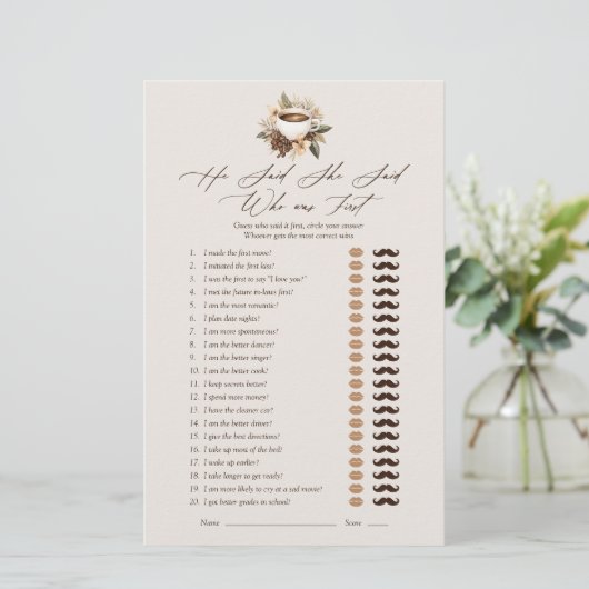 Er sagte, sie sagte Blumencoffee Brautparty Game (Stehend Vorderseite)