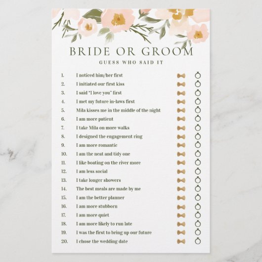 Er sagte, sie sagte "Blush Pink Floral Bridal Game (Vorderseite)