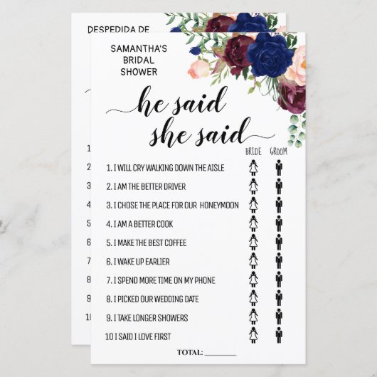 Er sagte, sie sagte Brautparty-Game (Vorne/Hinten)