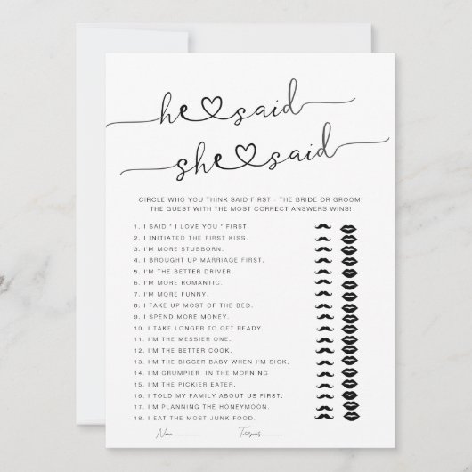 Er sagte, sie sagte Brautparty Game (Vorderseite)