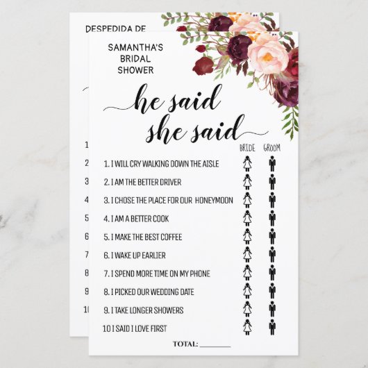 Er sagte, sie sagte Brautparty-Game (Vorne/Hinten)