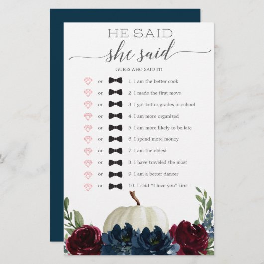 Er sagte, sie sagte Brautparty Game (Vorne/Hinten)