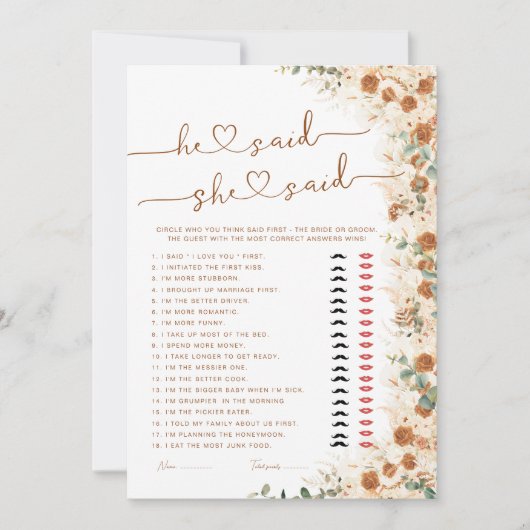 Er sagte, sie sagte Brautparty Game | Boho Rustic (Vorderseite)