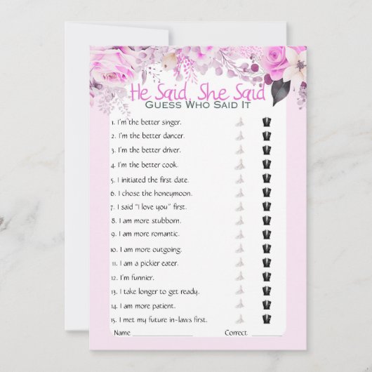 Er sagte, sie sagte Brautparty Game Einladung (Vorderseite)