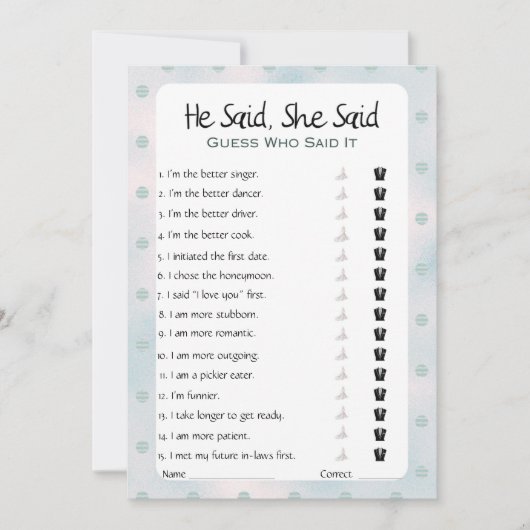 Er sagte, sie sagte Brautparty Game Einladung (Vorderseite)