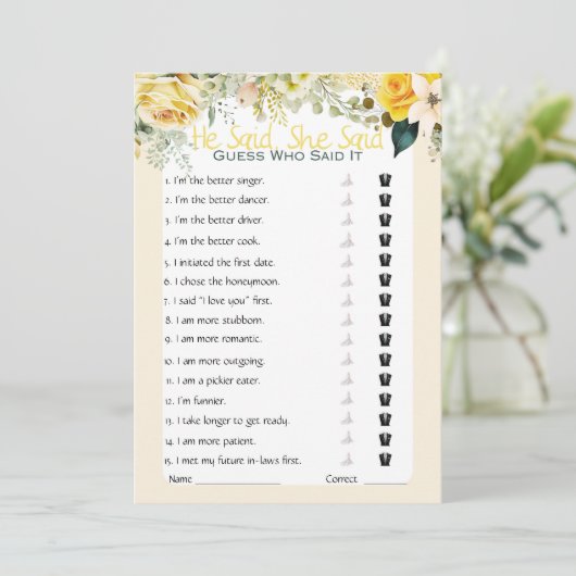 Er sagte, sie sagte Brautparty Game Einladung (Stehend Vorderseite)