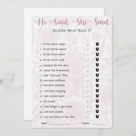 Er sagte, sie sagte Brautparty Game Einladung (Vorne/Hinten)