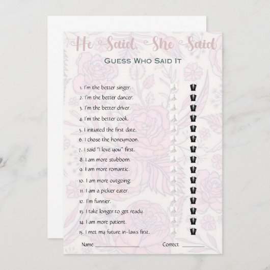 Er sagte, sie sagte Brautparty Game Einladung (Vorne/Hinten)