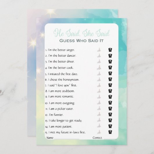 Er sagte, sie sagte Brautparty Game Einladung (Vorne/Hinten)