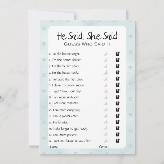 Er sagte, sie sagte Brautparty Game Einladung (Vorderseite)