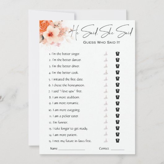 Er sagte, sie sagte Brautparty Game Einladung (Vorderseite)
