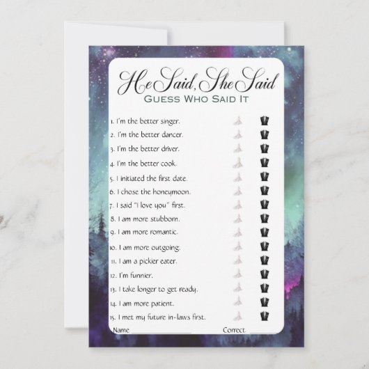 Er sagte, sie sagte Brautparty Game Einladung (Vorderseite)