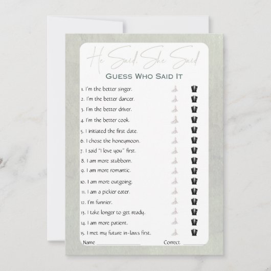 Er sagte, sie sagte Brautparty Game Einladung (Vorderseite)