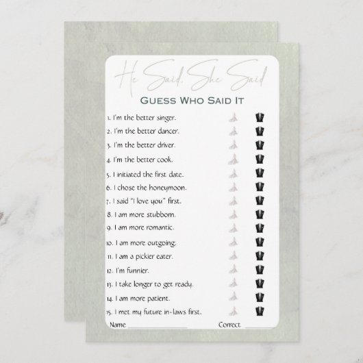Er sagte, sie sagte Brautparty Game Einladung (Vorne/Hinten)