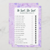 Er sagte, sie sagte Brautparty Game Einladung (Vorne/Hinten)