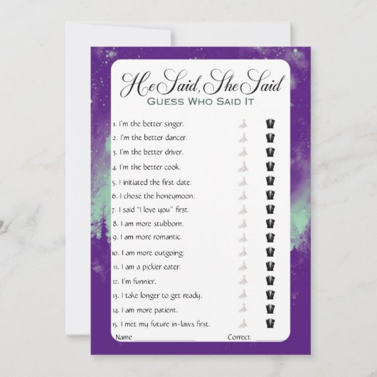 Er sagte, sie sagte Brautparty Game Einladung (Vorderseite)