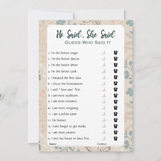Er sagte, sie sagte Brautparty Game Einladung (Vorderseite)