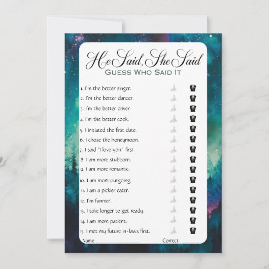 Er sagte, sie sagte Brautparty Game Einladung (Vorderseite)