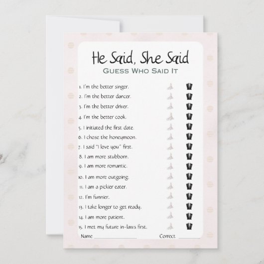 Er sagte, sie sagte Brautparty Game Einladung (Vorderseite)