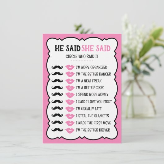 Er sagte, sie sagte Brautparty-Game-Karte (Stehend Vorderseite)
