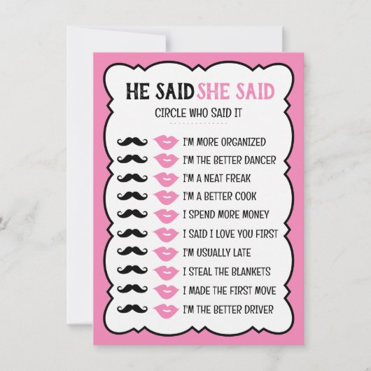 Er sagte, sie sagte Brautparty-Game-Karte (Vorderseite)