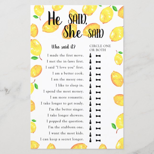 Er sagte, sie sagte, Brautparty Game Lemon (Vorderseite)