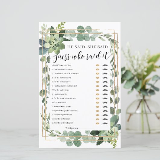 Er sagte, sie sagte Brautparty Game Succulent boho (Stehend Vorderseite)