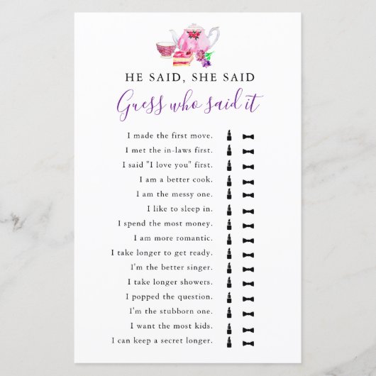 Er sagte, sie sagte, Brautparty Game Tee Lila (Vorderseite)