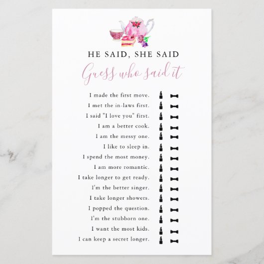 Er sagte, sie sagte Brautparty Game Tee Party (Vorderseite)
