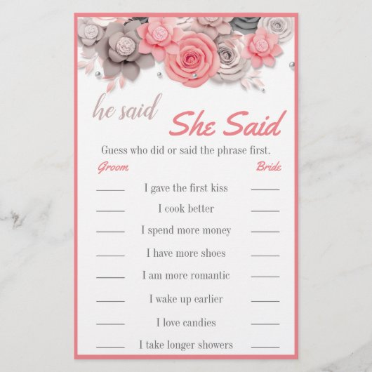 Er sagte: "Sie sagte Bridal Game Card Flyer (Vorne)