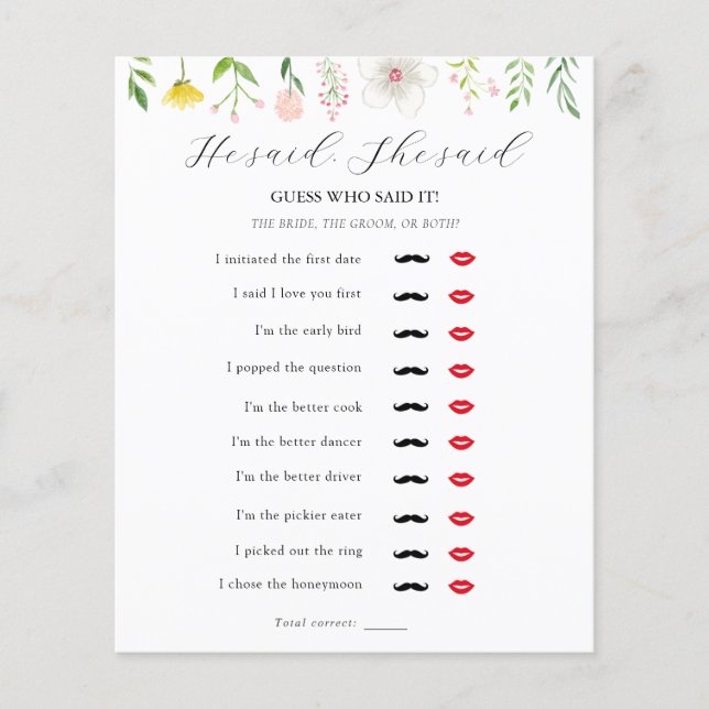 Er sagte: "Sie sagte Bridal Tee Dusche Spiel (Vorderseite)