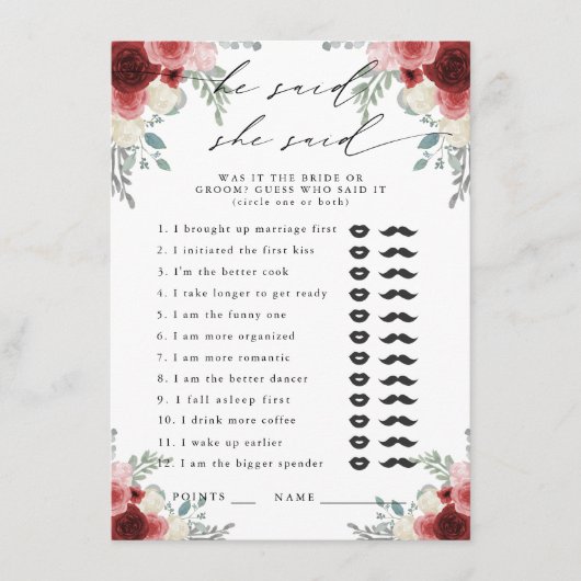 Er sagte, sie sagte Champagne Floral Party Game Begleitkarte (Vorderseite)