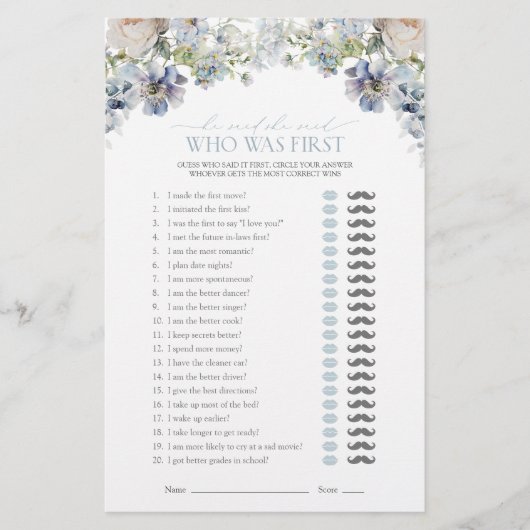 Er sagte, sie sagte, Dusty Blue Floral Dusche Spie (Vorderseite)