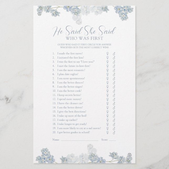 Er sagte, sie sagte Elegant Dusty Blue Duwer Game (Vorderseite)