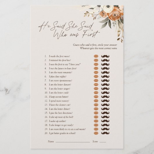 Er sagte, sie sagte Espresso Floral Bridal Game (Vorderseite)