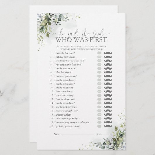 Er sagte, sie sagte Eucalyptus Brautparty Game (Vorne/Hinten)