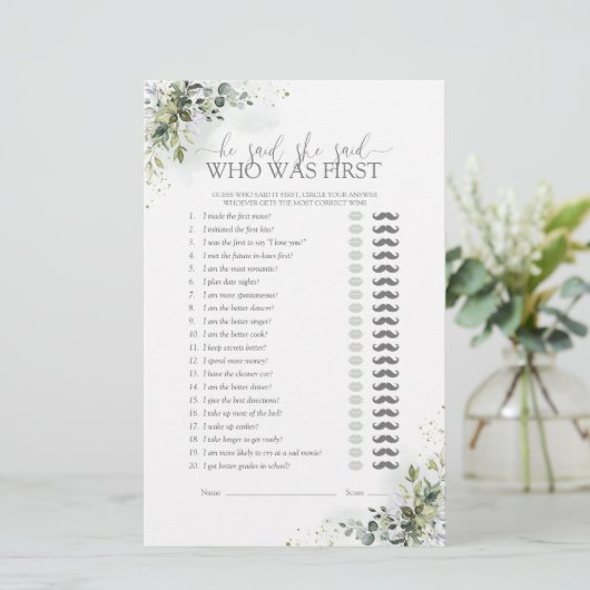 Er sagte, sie sagte Eucalyptus Brautparty Game (Stehend Vorderseite)