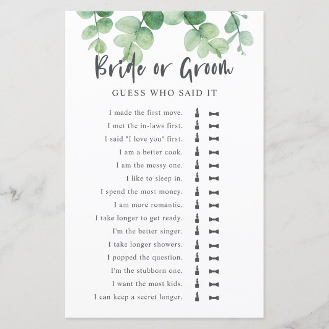 Er sagte, sie sagte Eucalyptus Brautparty Game (Vorderseite)