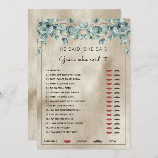 Er sagte, sie sagte Eucalyptus Brautparty Game Einladung (Vorne/Hinten)