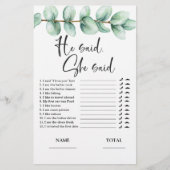 Er sagte, sie sagte Eucalyptus Bridal Game Einladu (Vorderseite)