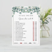 Er sagte, sie sagte, Eukalyptus-Brautparty spiele Einladung (Stehend Vorderseite)